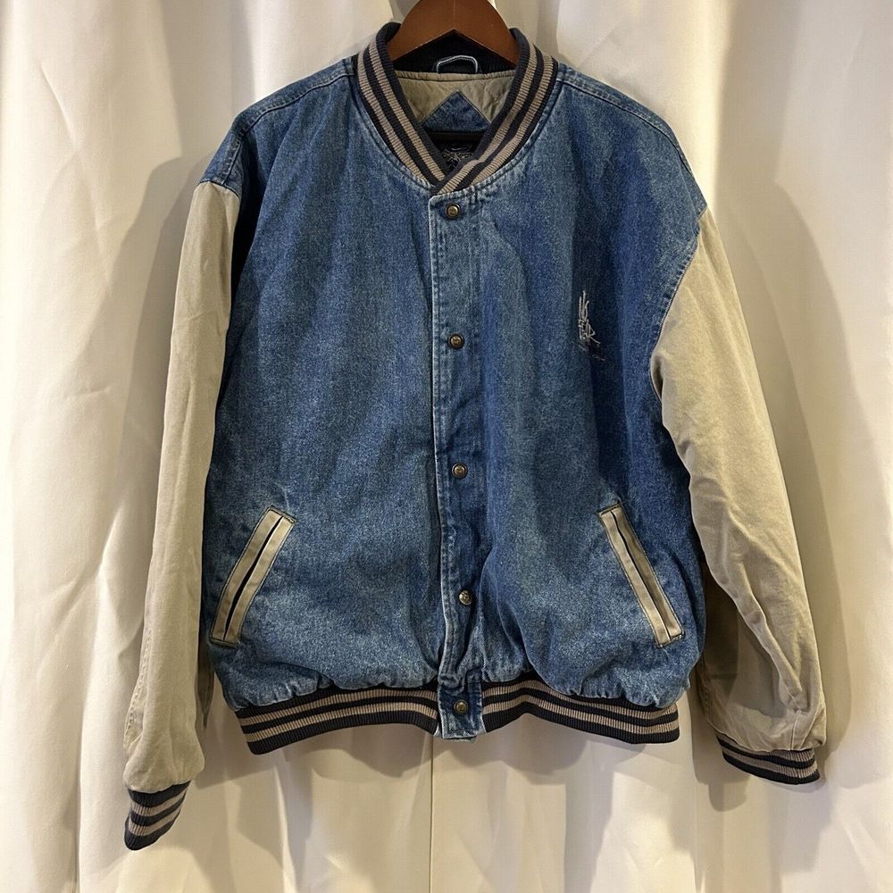 Vintage 90s Y2K No Fear Varsity Bomber Jacket Denim Men Large Snap‎ Button Baggy